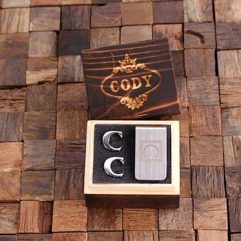 Image of Initial C Personalized Mens Classic Cuff Links & Money Clip with Wood Box - Cuff Links - Money Clip Set