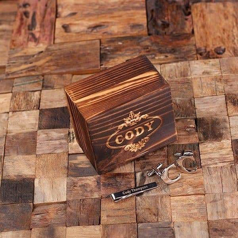 Image of Initial C Personalized Mens Classic Cuff Links & Tie Clip with Wood Box - Cuff Links - Tie Clip Set