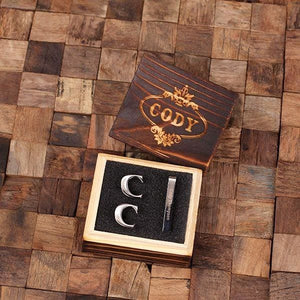 Initial C Personalized Mens Classic Cuff Links & Tie Clip with Wood Box - Cuff Links - Tie Clip Set