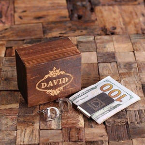 Initial D Personalized Mens Classic Cuff Links & Money Clip with Wood Box - Cuff Links - Money Clip Set