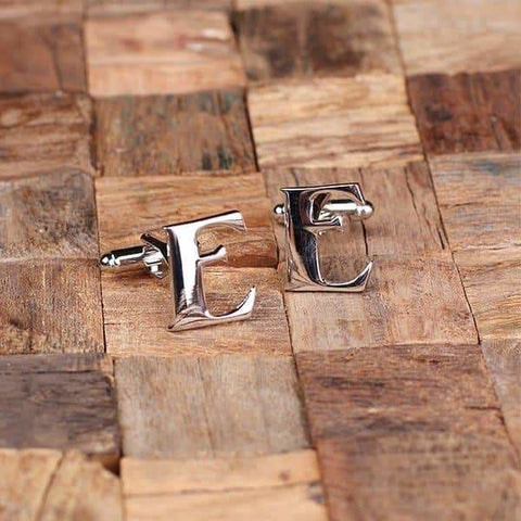 Image of Initial E Personalized Mens Classic Cuff Links & Tie Clip with Wood Box - All Products