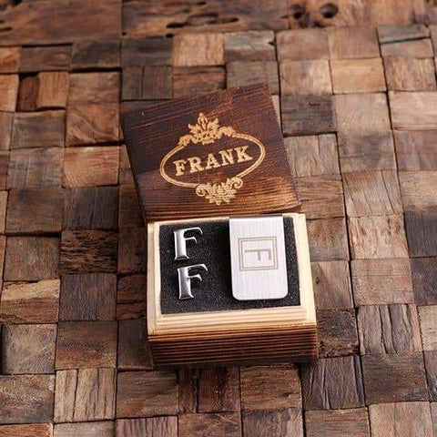 Image of Initial F Personalized Mens Classic Cuff Links & Money Clip with Wood Box - Cuff Links - Money Clip Set