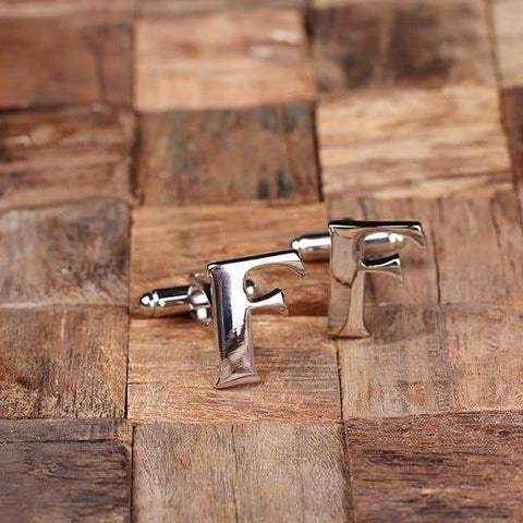 Image of Initial F Personalized Mens Classic Cuff Links with Wood Box - Cuff Links - A-Z Sets