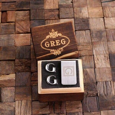 Image of Initial G Personalized Mens Classic Cuff Links & Money Clip with Wood Box - Cuff Links - Money Clip Set
