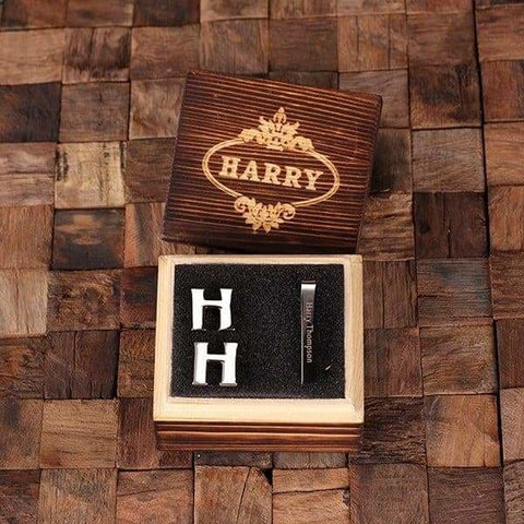 Image of Initial H Personalized Mens Classic Cuff Links & Tie Clip with Wood Box - Cuff Links - Tie Clip Set