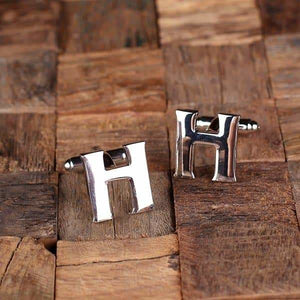Initial H Personalized Mens Classic Cuff Links & Tie Clip with Wood Box - Cuff Links - Tie Clip Set