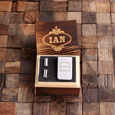 Image of Initial I Personalized Mens Classic Cuff Links & Money Clip with Wood Box - Cuff Links - Money Clip Set