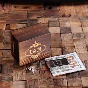 Initial I Personalized Mens Classic Cuff Links & Money Clip with Wood Box - Cuff Links - Money Clip Set