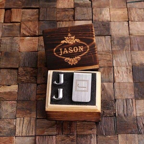 Image of Initial J Personalized Mens Classic Cuff Links & Money Clip with Wood Box - Cuff Links - Money Clip Set