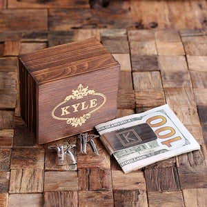 Initial K Personalized Mens Classic Cuff Links & Money Clip with Wood Box - Cuff Links - Money Clip Set