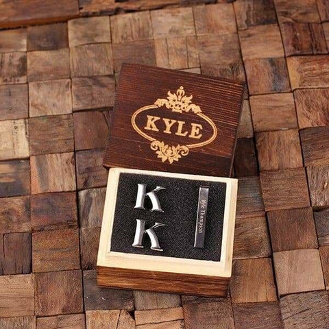 Image of Initial K Personalized Mens Classic Cuff Links & Tie Clip with Wood Box - Cuff Links - Tie Clip Set