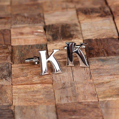 Image of Initial K Personalized Mens Classic Cuff Links & Tie Clip with Wood Box - Cuff Links - Tie Clip Set