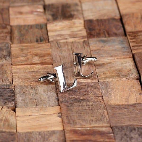 Image of Initial L Personalized Mens Classic Cuff Links & Money Clip with Wood Box - Cuff Links - Money Clip Set