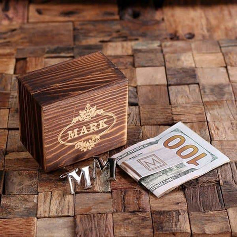 Image of Initial M Personalized Mens Classic Cuff Links & Money Clip with Wood Box - Cuff Links - Money Clip Set