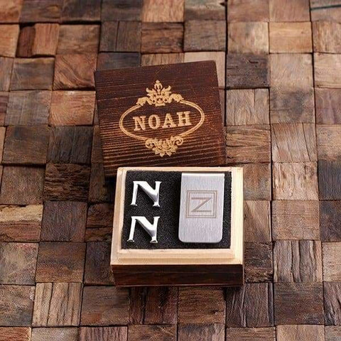 Image of Initial N Personalized Mens Classic Cuff Links & Money Clip with Wood Box - Cuff Links - Money Clip Set