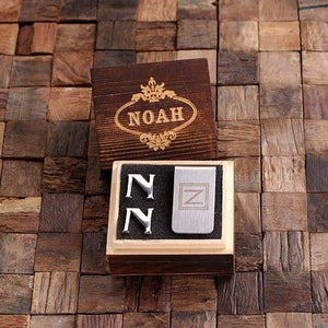 Initial N Personalized Mens Classic Cuff Links & Money Clip with Wood Box - Cuff Links - Money Clip Set