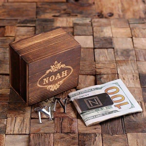 Image of Initial N Personalized Mens Classic Cuff Links & Money Clip with Wood Box - Cuff Links - Money Clip Set