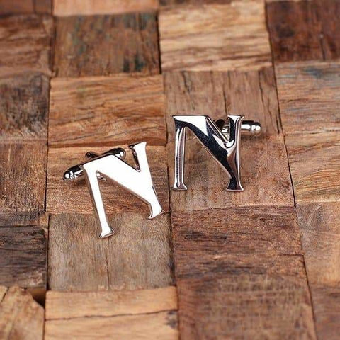 Image of Initial N Personalized Mens Classic Cuff Links & Tie Clip with Wood Box - Cuff Links - Tie Clip Set