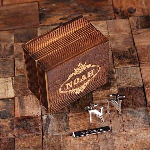Image of Initial N Personalized Mens Classic Cuff Links & Tie Clip with Wood Box - Cuff Links - Tie Clip Set