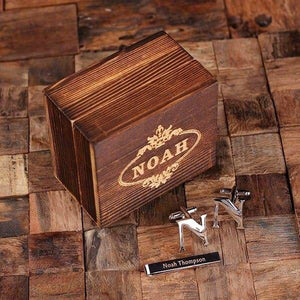 Initial N Personalized Mens Classic Cuff Links & Tie Clip with Wood Box - Cuff Links - Tie Clip Set