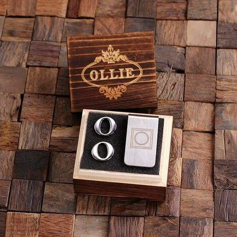 Image of Initial O Personalized Mens Classic Cuff Links & Money Clip with Wood Box - Cuff Links - Money Clip Set