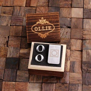 Initial O Personalized Mens Classic Cuff Links & Money Clip with Wood Box - Cuff Links - Money Clip Set
