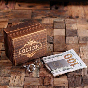 Initial O Personalized Mens Classic Cuff Links & Money Clip with Wood Box - Cuff Links - Money Clip Set