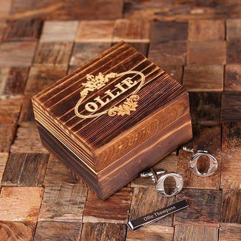 Image of Initial O Personalized Mens Classic Cuff Links & Tie Clip with Wood Box - Cuff Links - Tie Clip Set