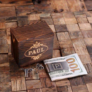 Initial P Personalized Mens Classic Cuff Links & Money Clip with Wood Box - Cuff Links - Money Clip Set