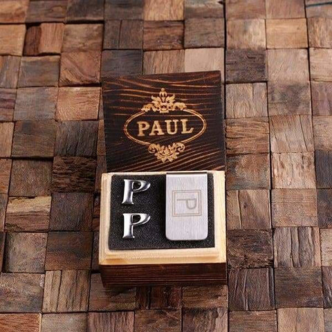 Image of Initial P Personalized Mens Classic Cuff Links & Money Clip with Wood Box - Cuff Links - Money Clip Set