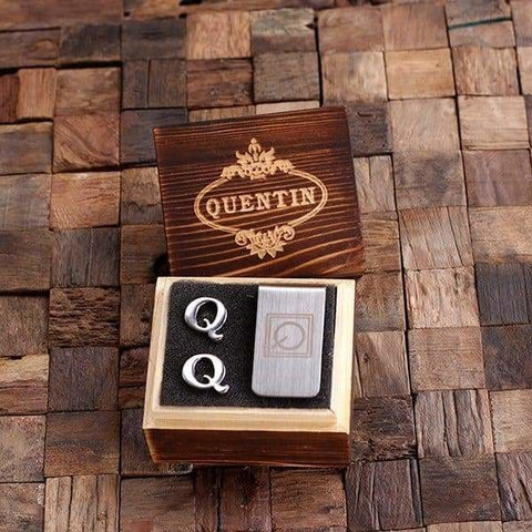 Image of Initial Q Personalized Mens Classic Cuff Links & Money Clip with Wood Box - Cuff Links - Money Clip Set