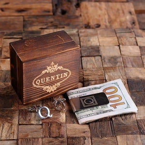 Initial Q Personalized Mens Classic Cuff Links & Money Clip with Wood Box - Cuff Links - Money Clip Set