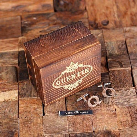 Image of Initial Q Personalized Mens Classic Cuff Links & Tie Clip with Wood Box - Cuff Links - Tie Clip Set