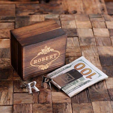 Image of Initial R Personalized Mens Classic Cuff Links & Money Clip with Wood Box - Cuff Links - Money Clip Set