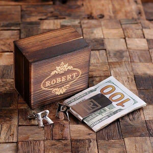 Initial R Personalized Mens Classic Cuff Links & Money Clip with Wood Box - Cuff Links - Money Clip Set
