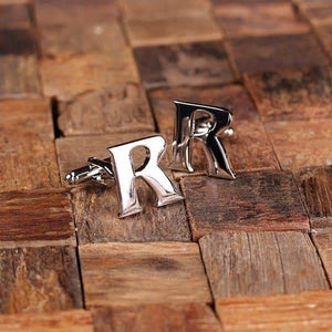 Initial R Personalized Mens Classic Cuff Links & Tie Clip with Wood Box - Cuff Links - Tie Clip Set