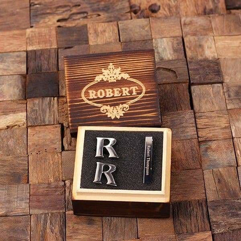 Image of Initial R Personalized Mens Classic Cuff Links & Tie Clip with Wood Box - Cuff Links - Tie Clip Set