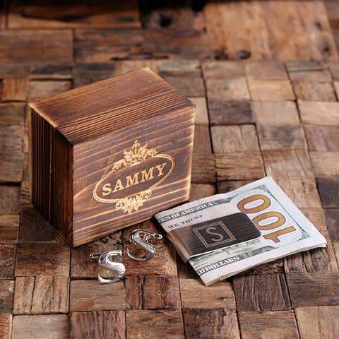 Image of Initial S Personalized Mens Classic Cuff Links & Money Clip with Wood Box - Cuff Links - Money Clip Set