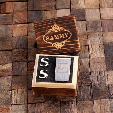 Image of Initial S Personalized Mens Classic Cuff Links & Money Clip with Wood Box - Cuff Links - Money Clip Set