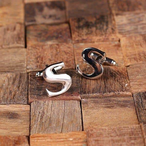 Image of Initial S Personalized Mens Classic Cuff Links & Tie Clip with Wood Box - Cuff Links - Tie Clip Set