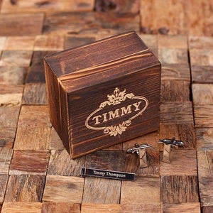 Initial T Personalized Mens Classic Cuff Links & Tie Clip with Wood Box - Cuff Links - Tie Clip Set