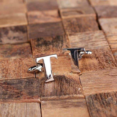 Image of Initial T Personalized Mens Classic Cuff Links & Tie Clip with Wood Box - Cuff Links - Tie Clip Set