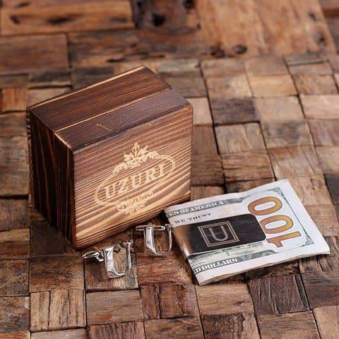 Image of Initial U Personalized Mens Classic Cuff Links & Money Clip with Wood Box - Cuff Links - Money Clip Set