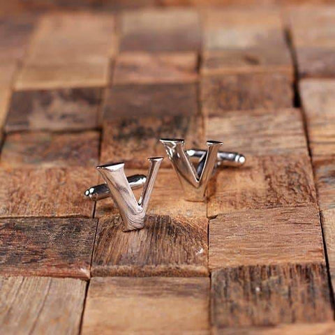 Image of Initial V Personalized Mens Classic Cuff Links & Tie Clip with Wood Box - Cuff Links - Tie Clip Set