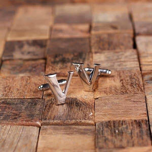 Initial V Personalized Mens Classic Cuff Links & Tie Clip with Wood Box - Cuff Links - Tie Clip Set