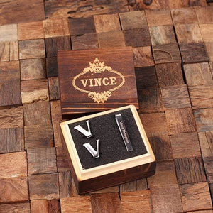 Initial V Personalized Mens Classic Cuff Links & Tie Clip with Wood Box - Cuff Links - Tie Clip Set
