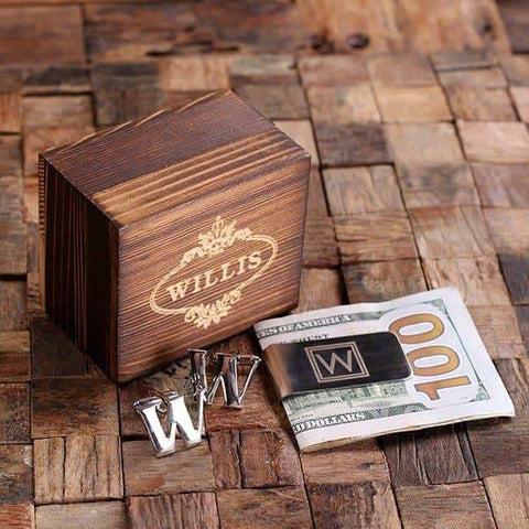 Image of Initial W Personalized Mens Classic Cuff Links & Money Clip with Wood Box - Cuff Links - Money Clip Set