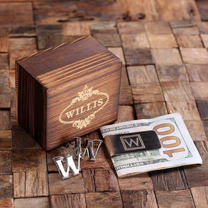 Initial W Personalized Mens Classic Cuff Links & Money Clip with Wood Box - Cuff Links - Money Clip Set