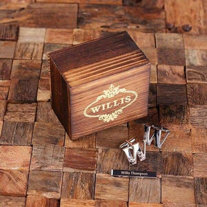 Initial W Personalized Mens Classic Cuff Links & Tie Clip with Wood Box - Cuff Links - Tie Clip Set