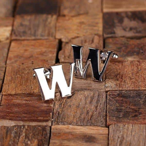 Image of Initial W Personalized Mens Classic Cuff Links & Tie Clip with Wood Box - Cuff Links - Tie Clip Set
